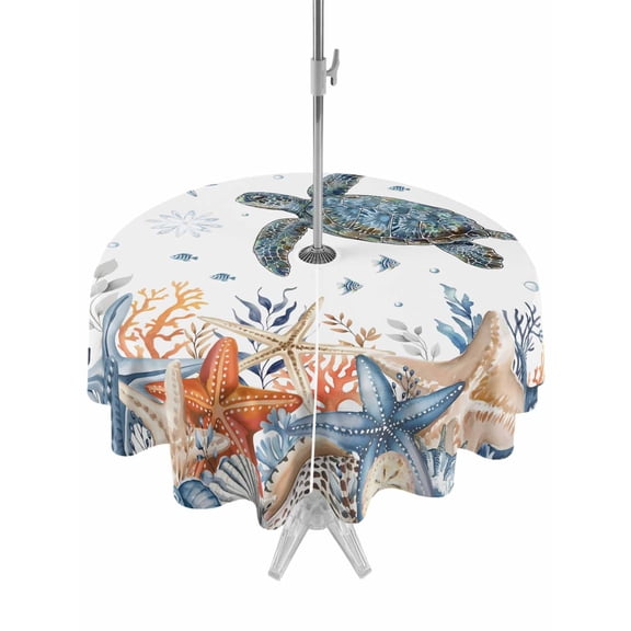 Outdoor Tablecloth with Umbrella Hole for Patio/Picnic/Party/Camping, Sea Turtle Coastal Waterproof Table Cloth Round Cover Washable, Summer Coral Starfish Nautical (Dia 54")