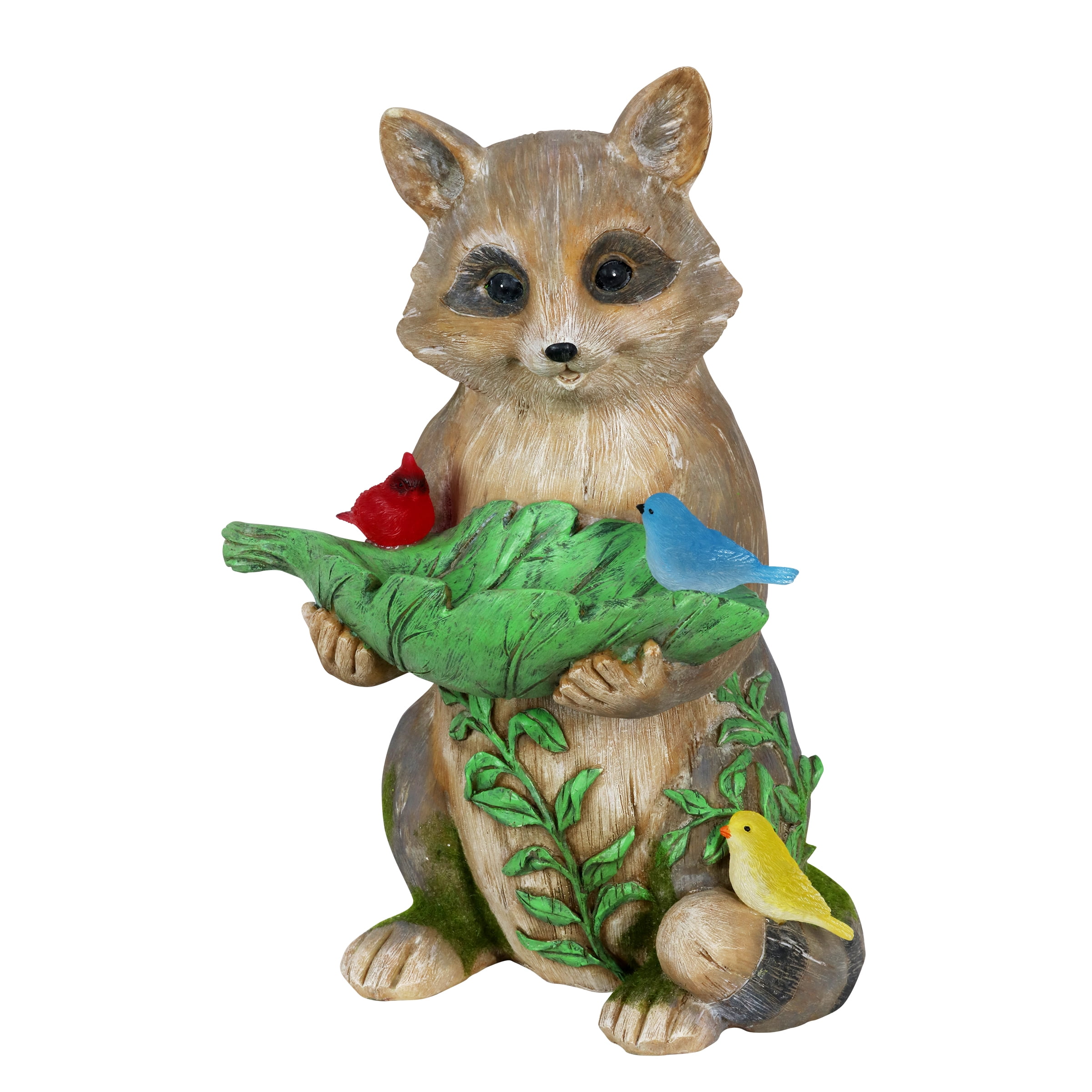 Exhart Solar Raccoon Bird Seed Holder with Birds, 12 inch, Resin