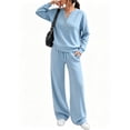 thumbnail image 2 of Mfakffe Womens 2‑Piece Tracksuit Set Henley Long Sleeve Top & Drawstring Wide Leg Pants Loose Soft Matching Loungewear Outfit, 2 of 5