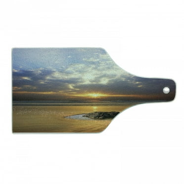 Ocean Cutting Board, Reflection of Sunset on Coast Sunbeams Cloudy Sky Touristic Image, Decorative Tempered Glass Cutting and Serving Board, Wine Bottle Shape, Yellow Grey, by Ambesonne