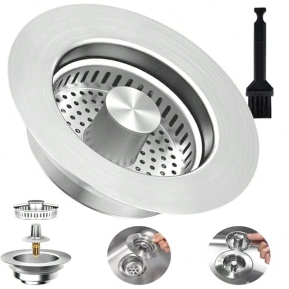 3-in-1 Kitchen Sink Drain Strainer Stopper Upgraded Stainless Steel Sink Plug with Anti-Clog Filter Basket Fits Standard 3-1/2 Inch Drain Hole Pop Up Garbage Disposal Cover Food Catcher