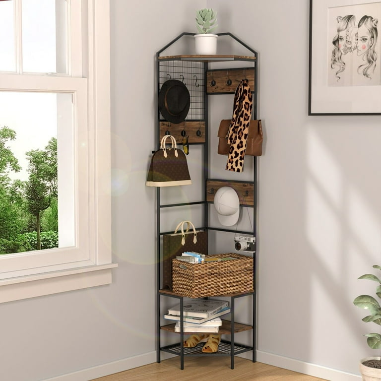 FINE MAKER Corner Hall Tree with Shoe Bench Entryway Coat Rack Hanger for Small Spaces Storage Organizer 72 Brown Walmart