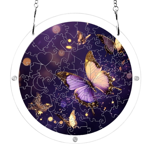 Purple Gold Butterflies Acrylic Jigsaw Puzzles 83 Pieces Suncatcher for Window Hanging 7.5 Inch Holiday Home Decor
