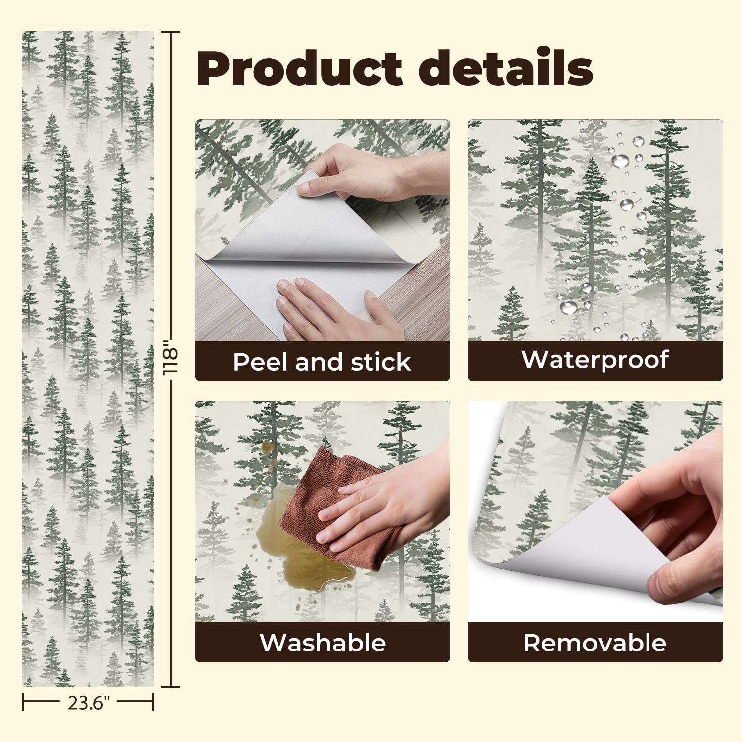 Woodland Peel and Stick Wallpaper 23.6in x 9.8ft Pine Forest Misty Evergreen Trees Soft Contact Paper Vinyl Waterproof Self Adhesive Wall Paper for Bedroom Shelf Cabinet Renter Friendly