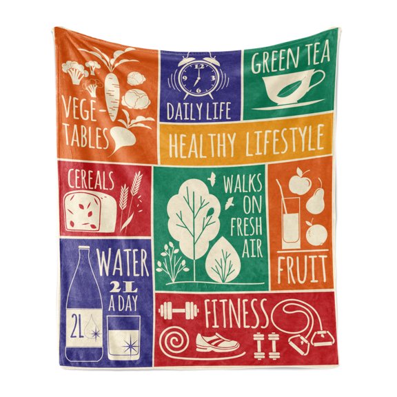 Fitness Soft Flannel Fleece Throw Blanket, Collage of Different Colorful Frames with Signs Vegetables Exercise, Cozy Plush for Indoor and Outdoor Use, 70" x 90", Multicolor, by Ambesonne