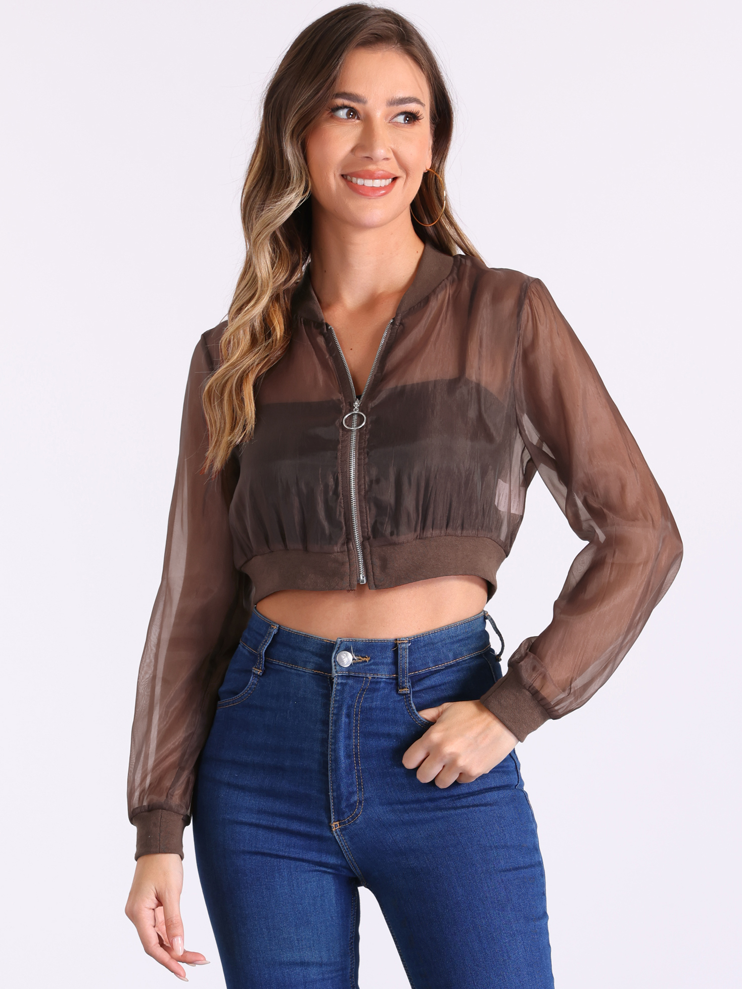 DARING DIVA Crop Bomber Casual Lightweight Zip Up Jackets L Brown
