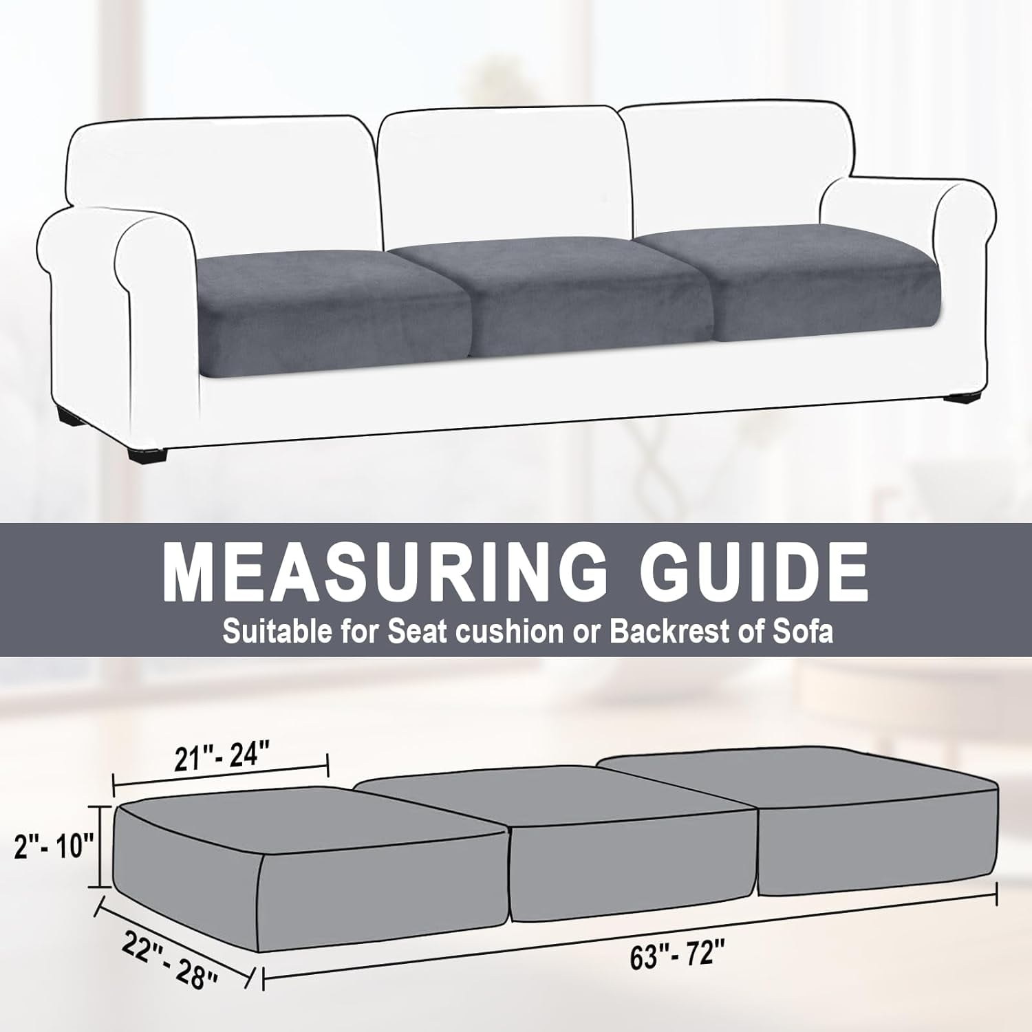 Couch Covers, 3 Pieces Couch Cushion Cover Velvet, Seat Cushion Cover, Stretch Sofa Covers, Separate Sectional Sofa Slipcovers, Furniture Protector(3-Seater or Backrest, Dark Grey)