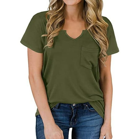 

TZNBGO Elegant Loose Fit Women s Tunic Tops Women Casual Plain V Neck Pocket T-Shirt Tops Short Sleeve Blouse Top T-Shirt Army Green Xxl Corset Tops For Women Teen Tops Gym Tops For Women139430