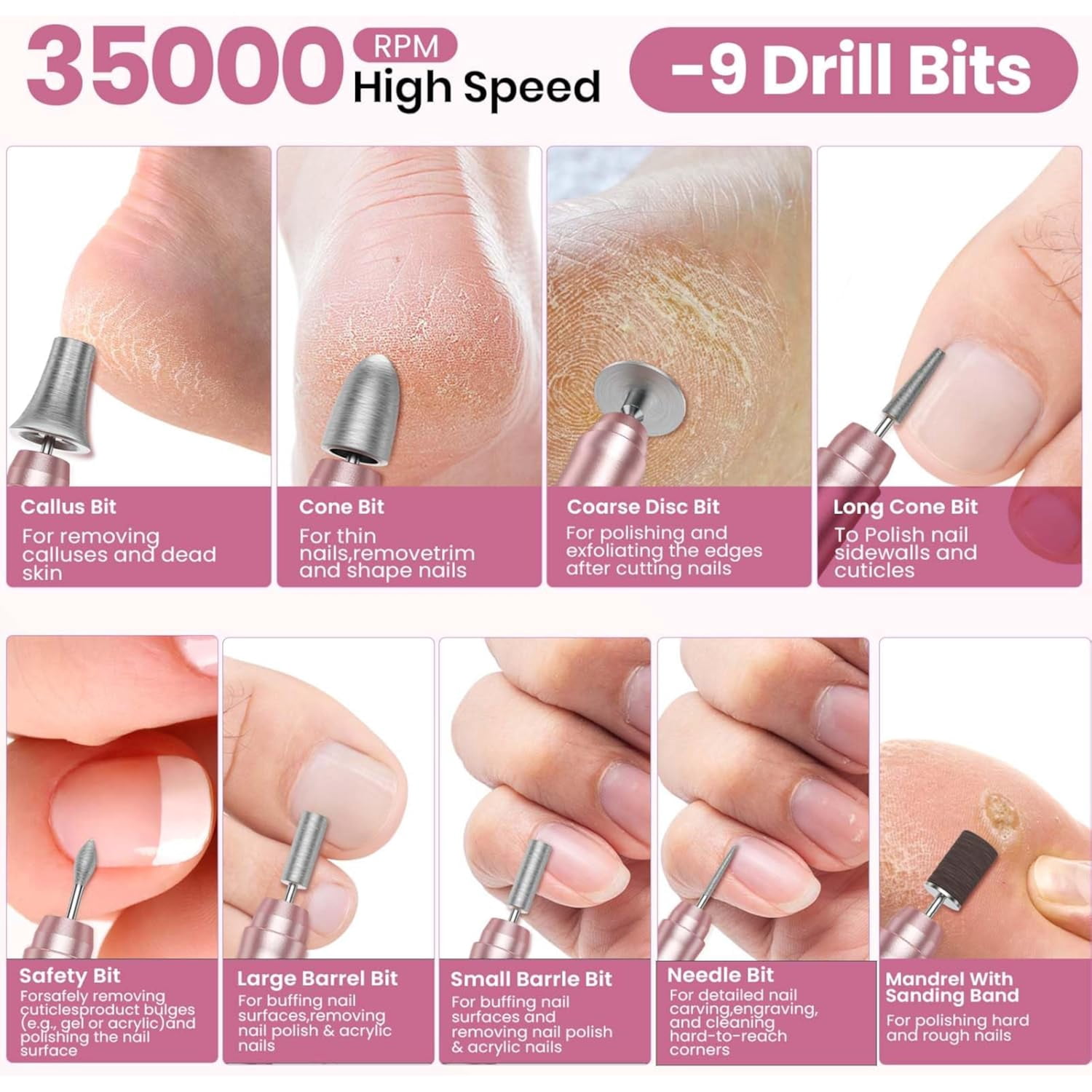Cordless Nail Drill 35000RPM, Portable Electric Nail File for Acrylic Gel Nails, Professional Manicure Pedicure Kit, Rechargeable Pedicure Tools for feet with LCD Display, Low Noise Low Vibration