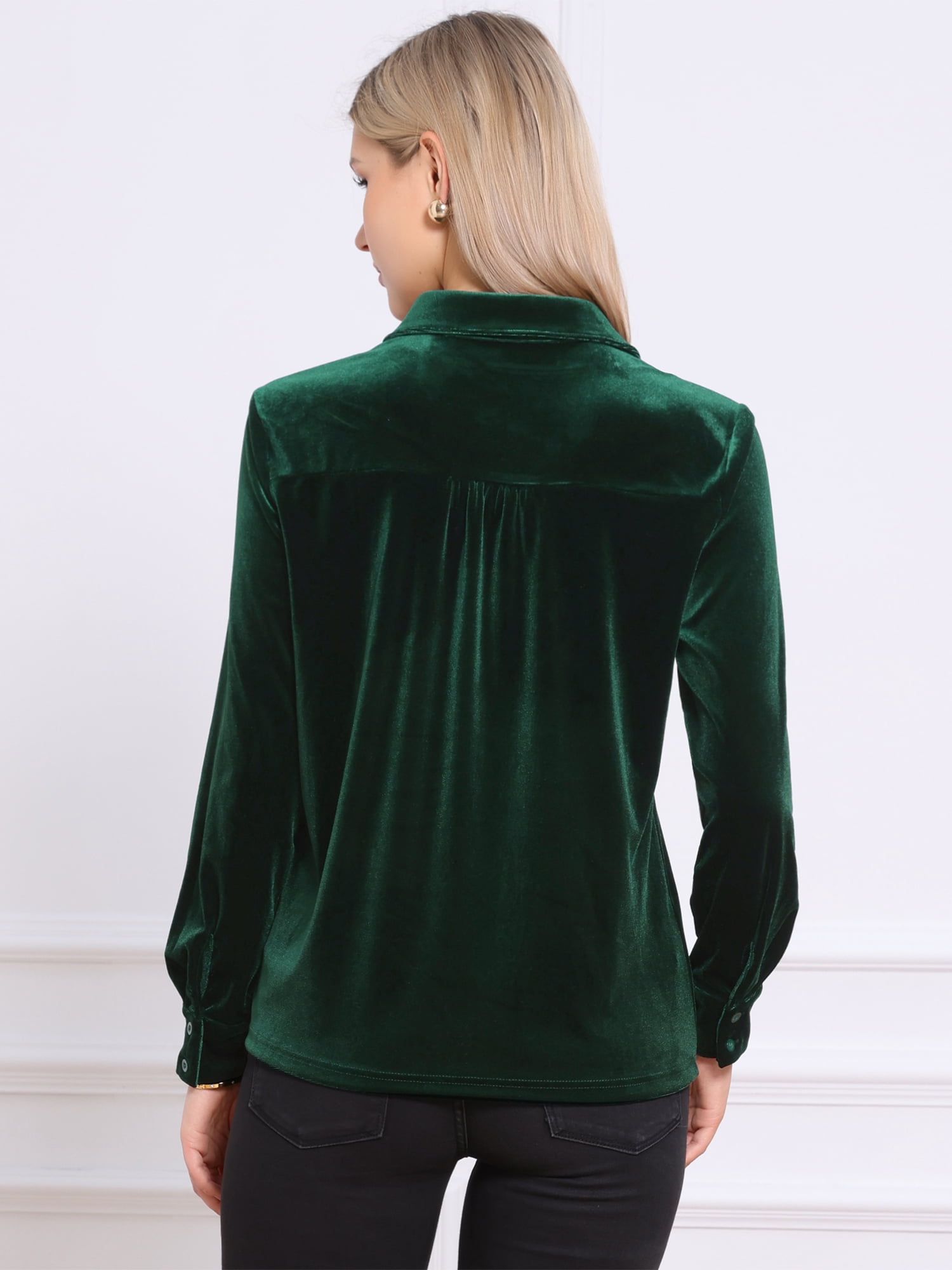 DARING DIVA Women's Vintage Velvet Long Sleeve Button Down Shirt Blouse S Green