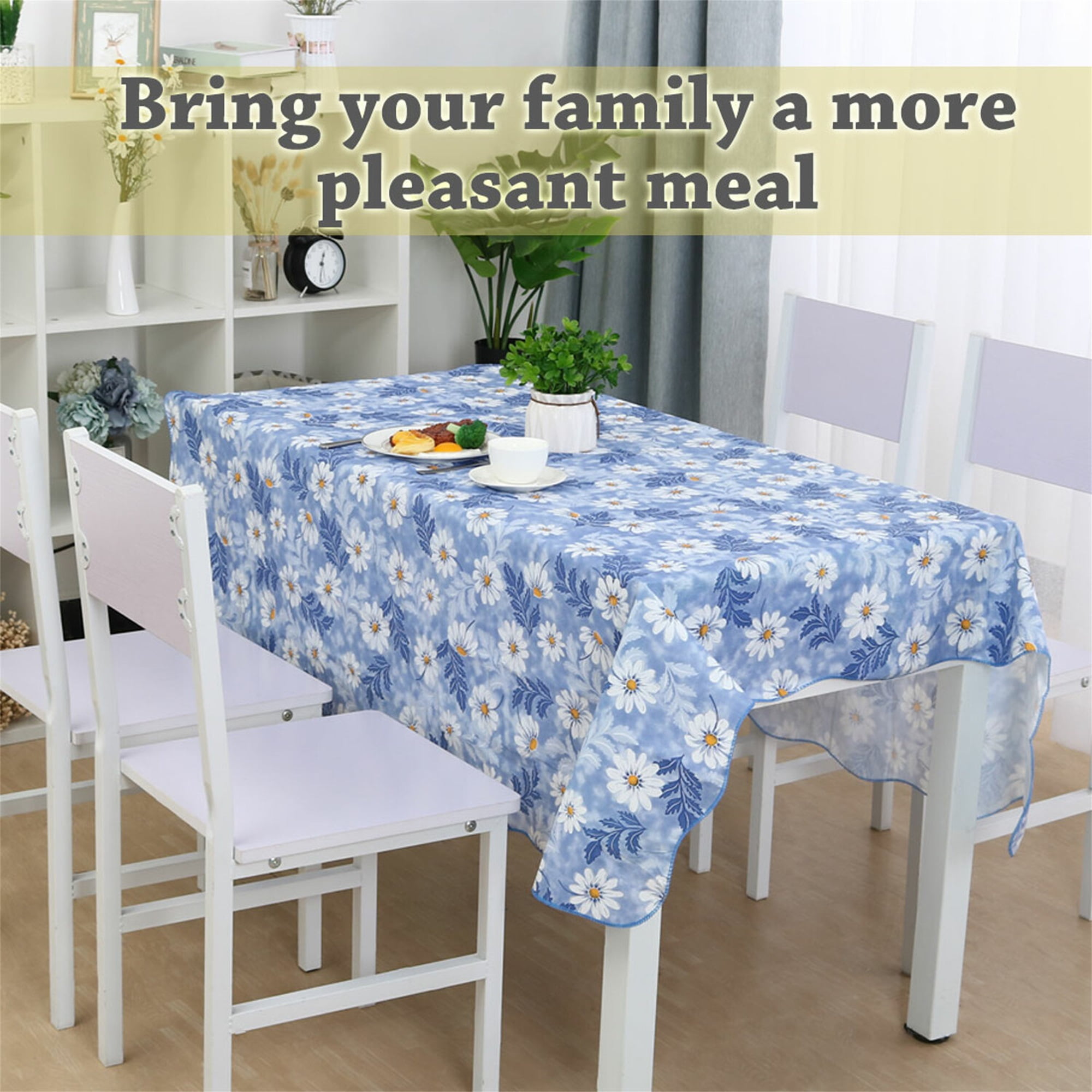 Unique Bargains Vinyl Rectangle Table Cover Blue Daisy Pattern Tablecloth 54" x 71"
