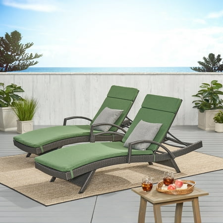 Anthony Outdoor Wicker Armed Chaise Lounges with Cushions Set of 2 Grey Jungle Green