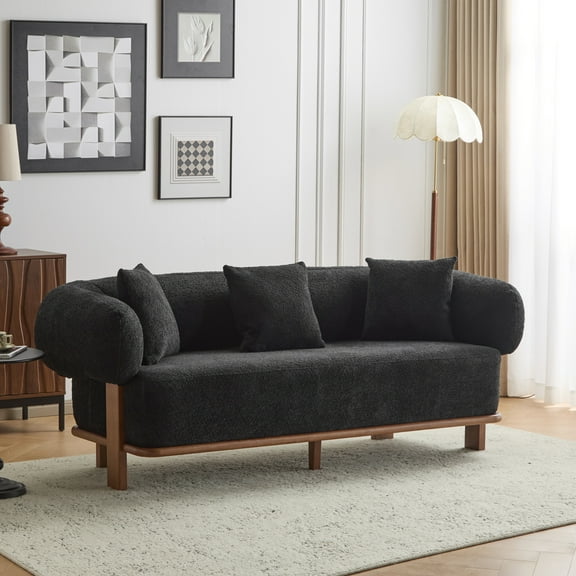 Christopher Knight Home Modern Minimalist 3-Seater Sofa, Rounded Arms, Solid Wood Frame, Black