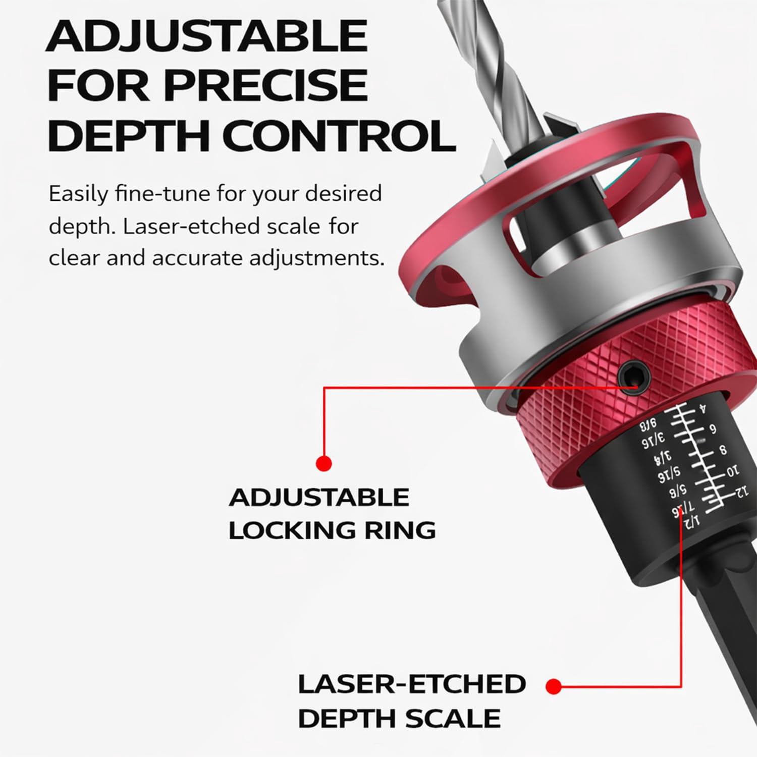 Countersink Drill Bit Set with Depth Stop,4PCS Four-Flute Tapered Drill Bits and Adjustable Depth Stop Collar with Controlled Depth, for Woodworking, Cabinetry