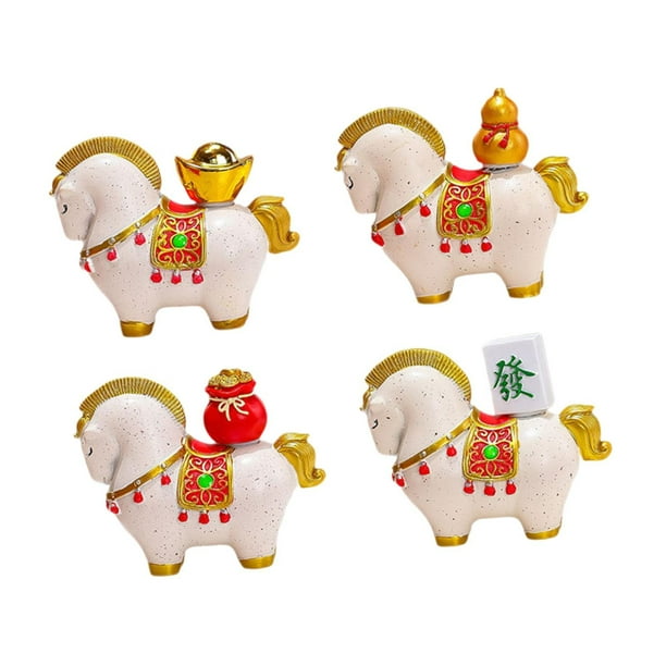 4 piezas de estatua de caballo, figura de Feng Shui chino, resina, artesanía fina, obra de arte Blanco