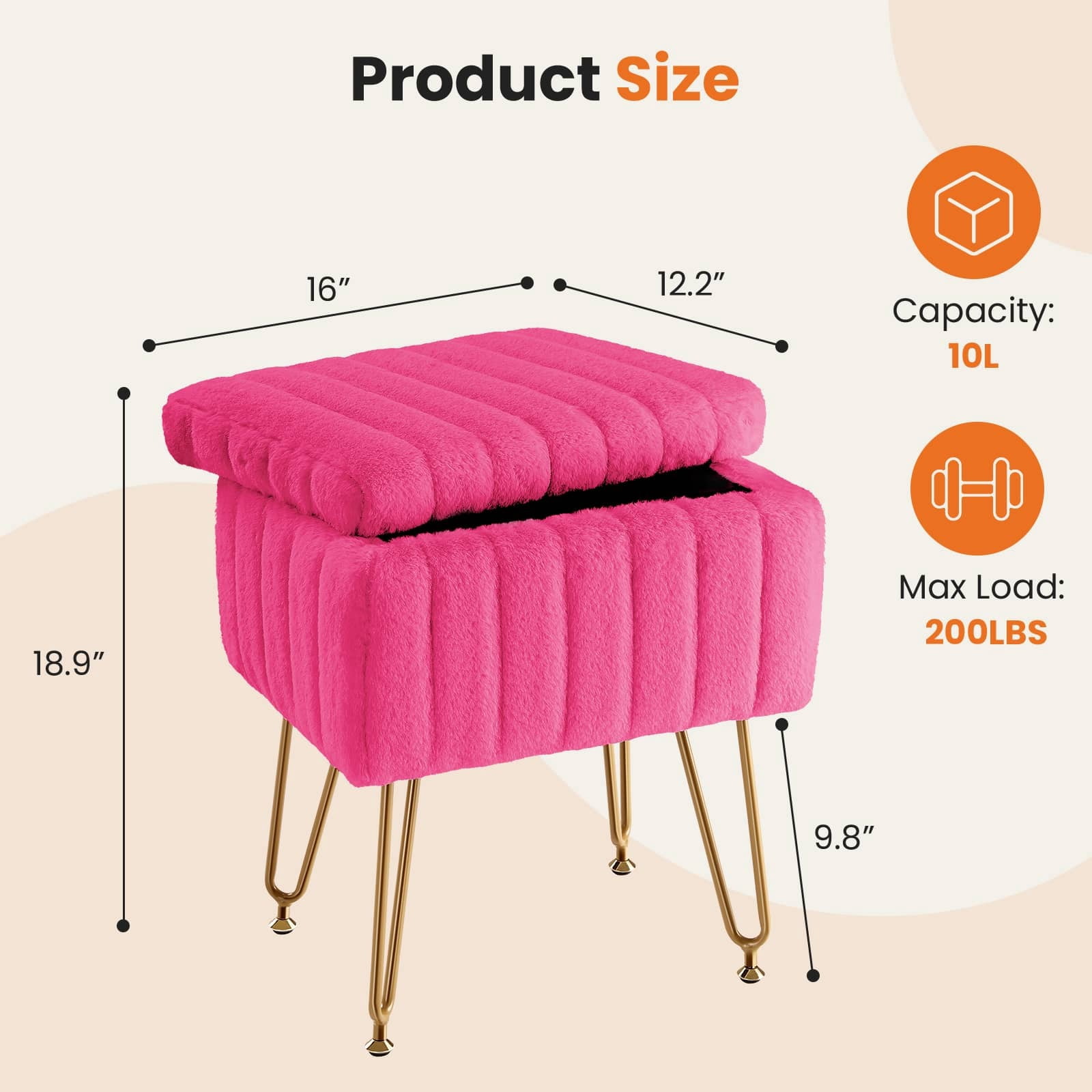 Kelno 18.9" Faux Fur Vanity Stool with Hidden Storage Soft Padded Ottoman Footrest with Metal Legs Antislip Adjustable Feet, Rose Red