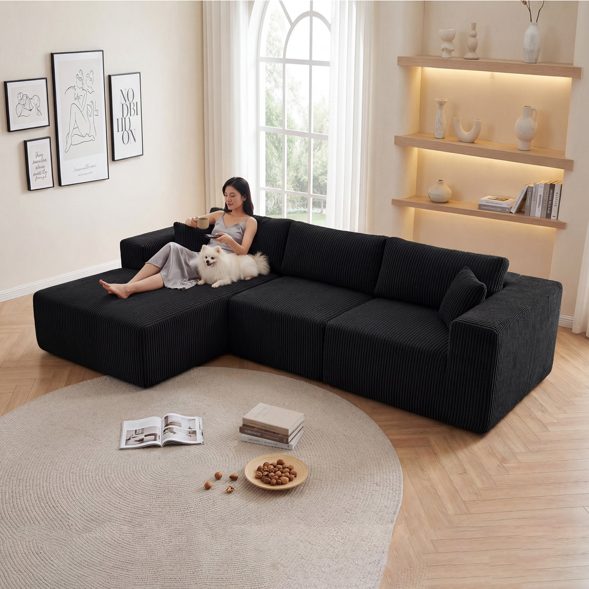 Leumius Modular Sectional Sofa,Cloud Sectional Couch with Deep Seat,Modern L-Shape Sofa with Chaise,Upholstered Boneless Couch for Living Room,Corduroy,Black