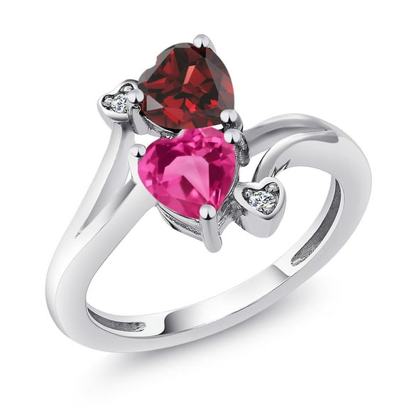 Gem Stone King 925 Sterling Silver Red Garnet Pink Created Sapphire and White Lab Grown Diamond Ring for Women (1.83 Cttw, Heart Shape 6MM, Gemstone January Birthstone, Size 6)