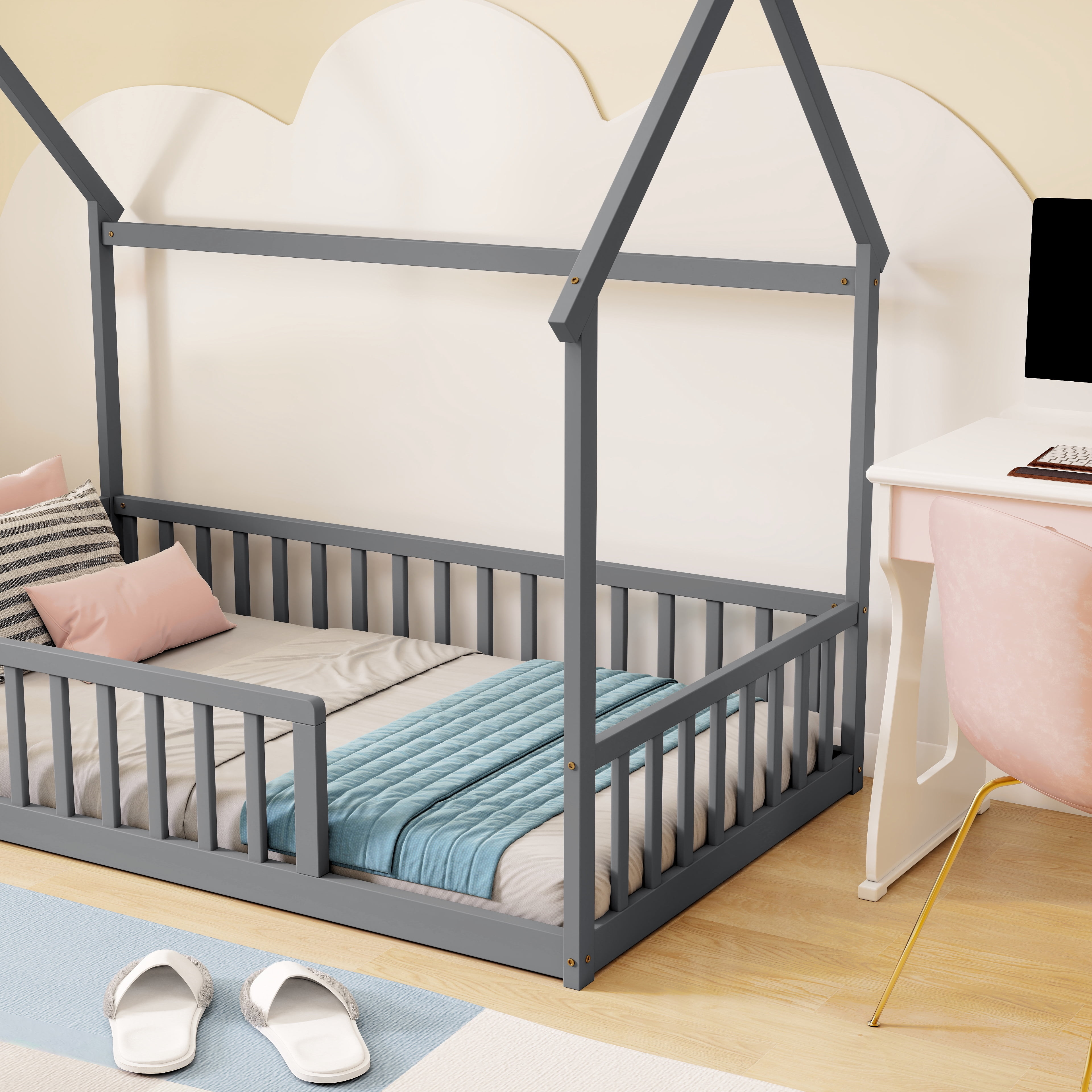 Twin House Floor Bed with Full Safety Fence, Solid Pine Wood Montessori Kids Playhouse Bed Frame No Box Spring Needed Max 250 LBS for Toddler Bedroom Nursery