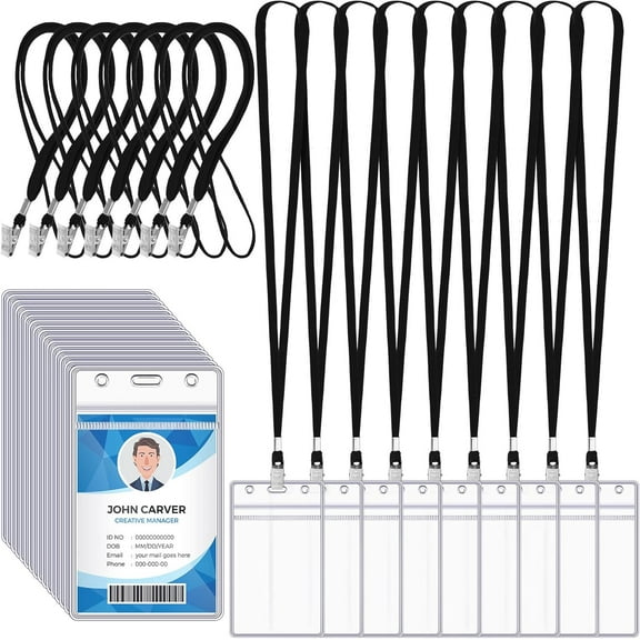 200 Pcs Name Tag Lanyards with ID Holder Lanyards for ID Badges Resealable Flat Neck Name Tag with Clip Waterproof Plastic Clear Badges Bulk for School Office Supplies