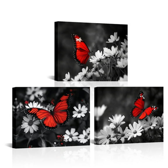 Butterfly and Daisy Canvas Wall Art Modern Oil Painting Print Artwork Framed Floral Decor Ready to Hang 12''x16'' 3pcs