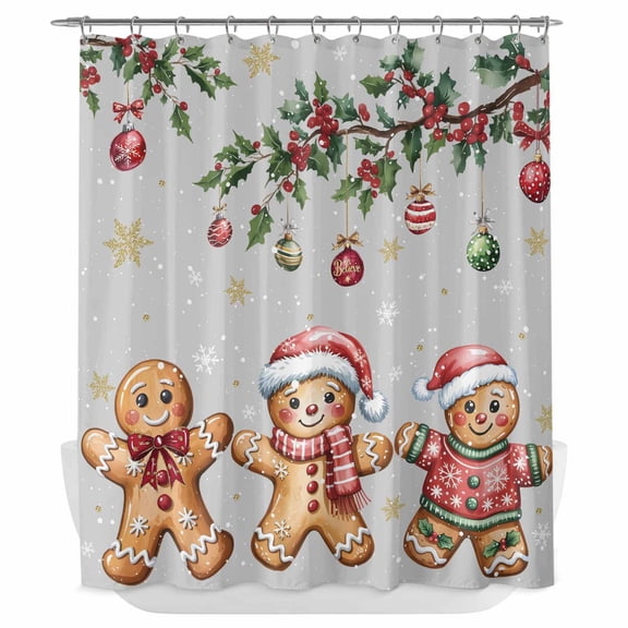 Xipuska Grey Christmas Gingerbread Shower Curtain - Water Repellent Fabric Shower Curtains Washable, Xmas Balls Snowflake Decorative Polyester Cloth Bathroom Curtains Modern Bath Decor 72"x72"