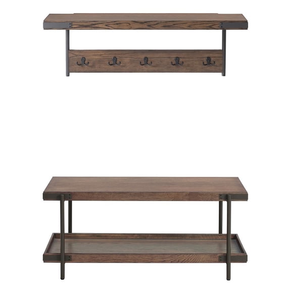 Alaterre Furniture Kyra 42 in.L Oak and Metal Coat Hook with Shelf and Bench Set