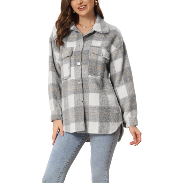 INSPIRE CHIC Women's Plaid Two Pockets Button Front Closure Jacket Grey L
