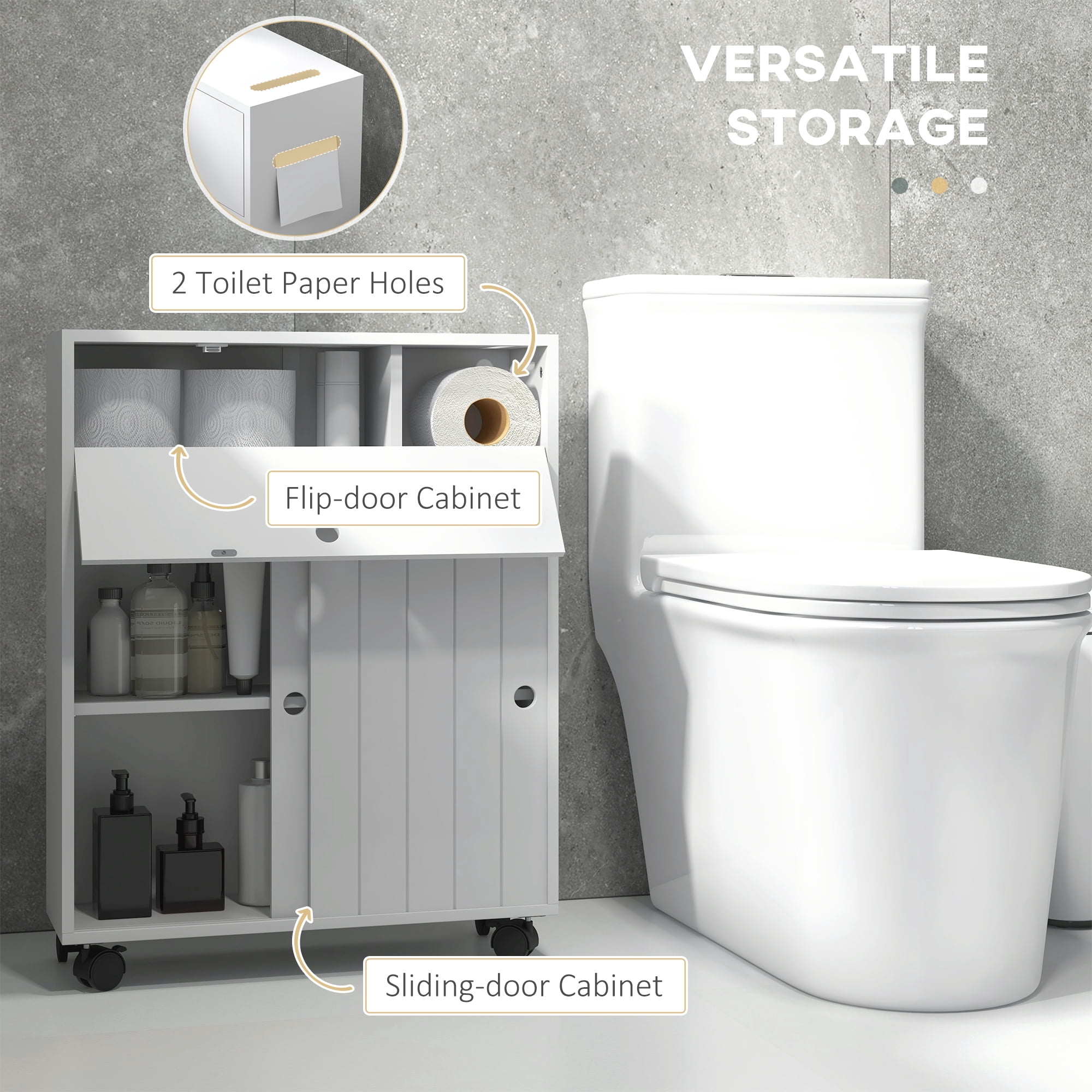 kleankin Small Bathroom Storage Cabinet on Wheels, Slim Toilet Paper Cabinet with 2 Holes, Sliding Doors and Adjustable Shelf, White