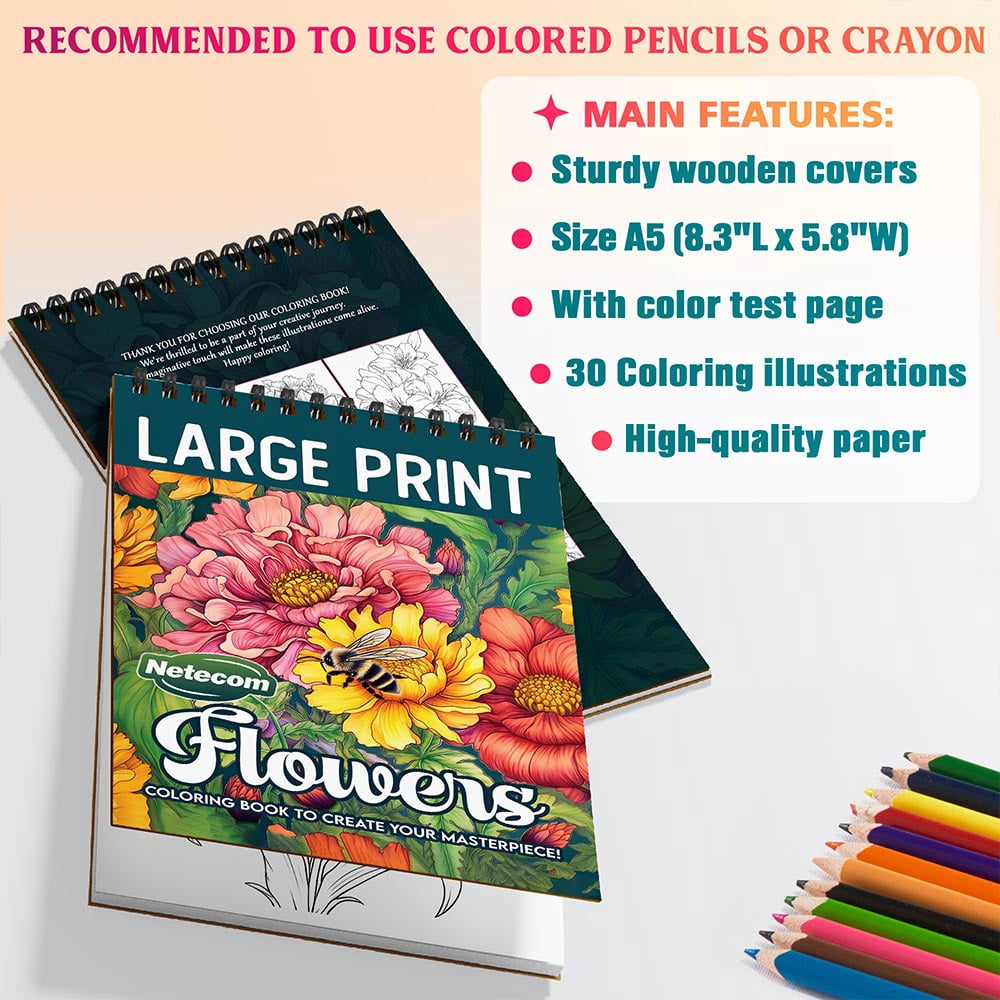 Netecom Large Print Flowers Coloring Book Spiral Bound for Adults and Seniors, A5 Wooden Cover, 30 Delightful Blossom Designs Coloring Pages of Big Print Style for Stress Relief and Relaxation
