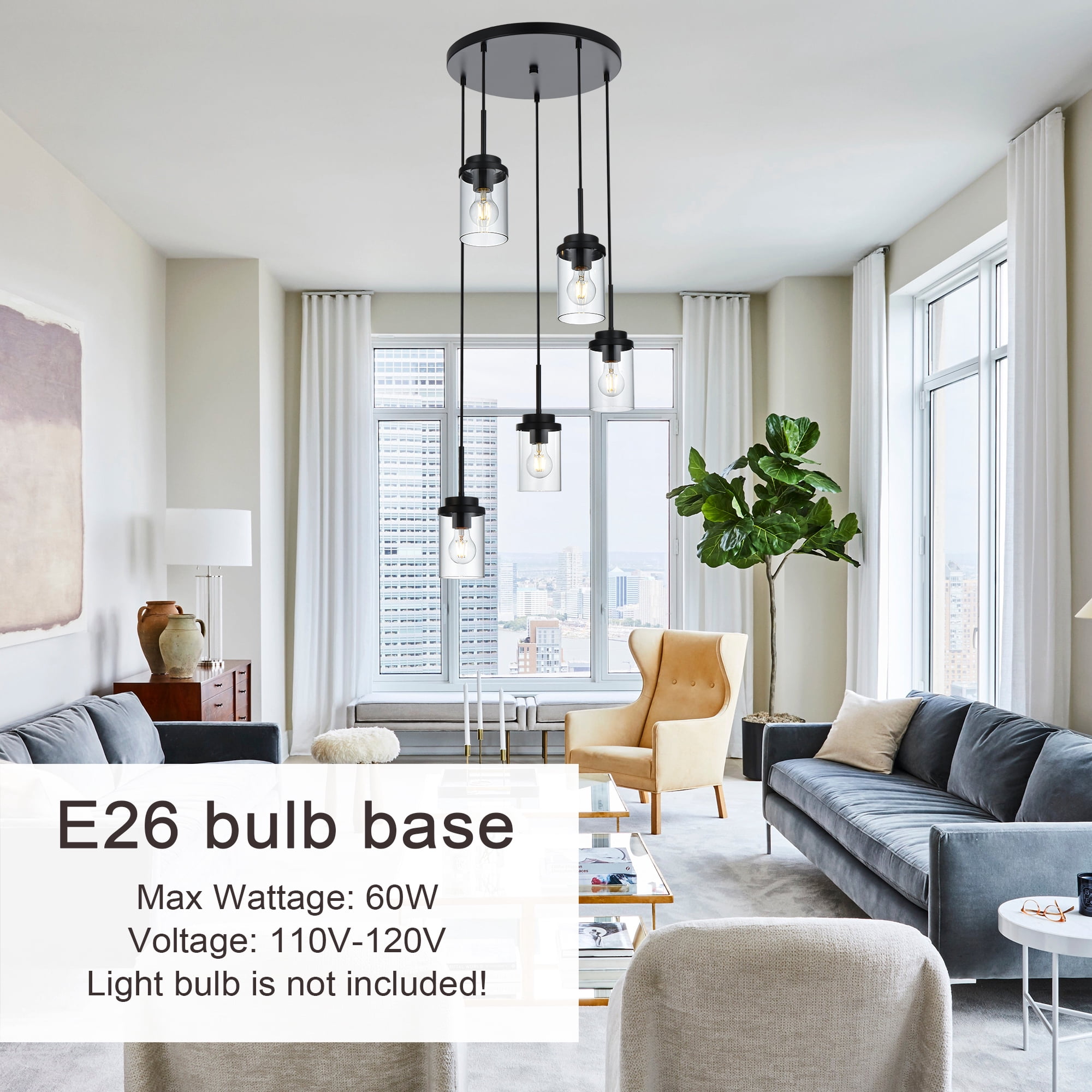 MELUCEE 5-Light Pendant Light Fixtures Ceiling Hanging Cluster Chandelier Black with Clear Glass Shade