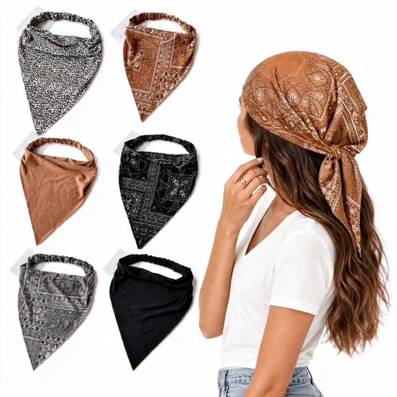 6 Pack Boho Triangle Head Scarves for Women, Elastic Paisley Printed Head Wraps, Large Triangle Bandana Hair Scarf Headbands