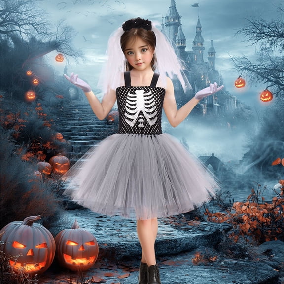 EnJoCho Girls Halloween Skeleton Dress 3-Piece Set - Tutu Skirt with Gloves & Headband, Stage Performance Dance Outfit for Kids Gothic Graphic Print Top