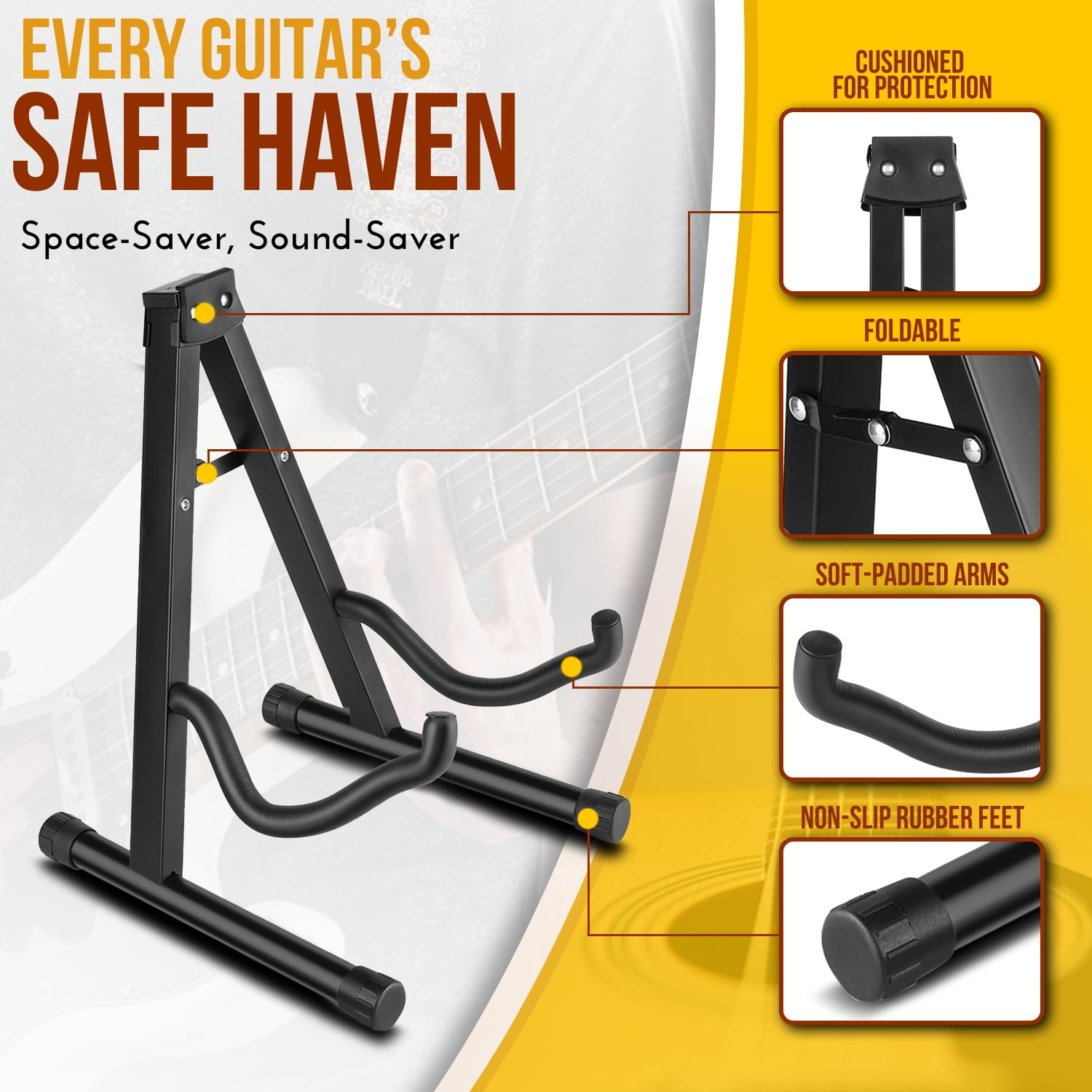 Guitar A-Frame Stand Floor Support for Acoustic and Electric Guitars - Portable Instrument Stand Rack Holder Display for Classical Guitar and Bass, Violin, Ukulele, Banjo, Mandolin
