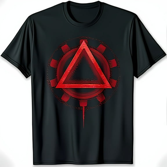 Men's Black T-Shirt with Raised Red Gear Symbol Graphic