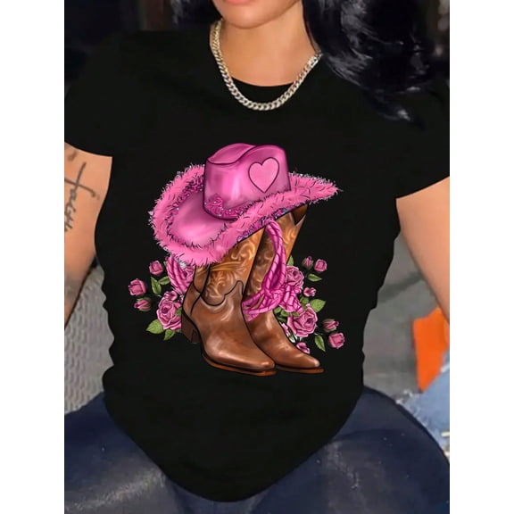 Western Boots and Pink Heart Hat Valentine's Day Women Casual Short Sleeve T-Shirt
