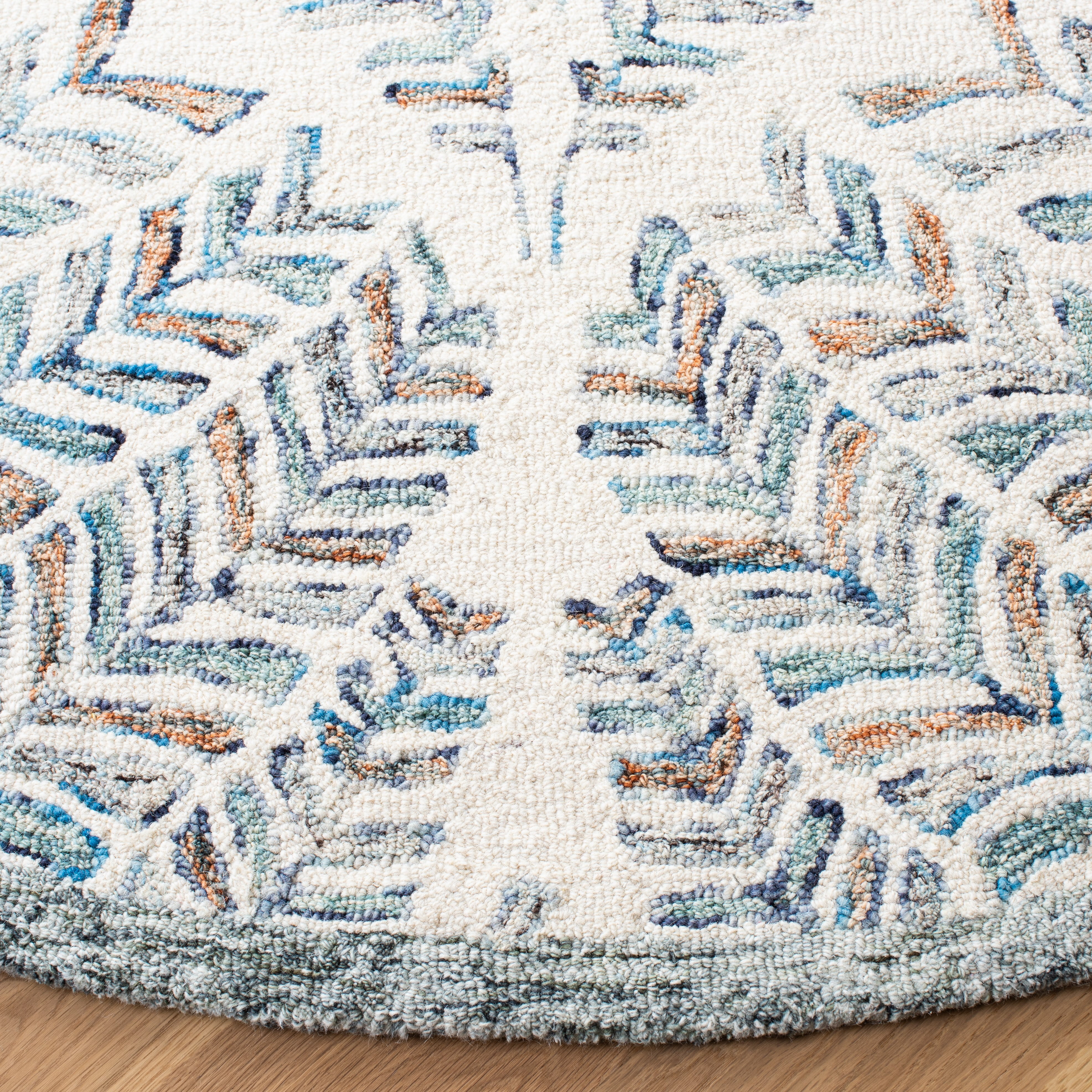 SAFAVIEH Capri Proinsias Leaves Wool Area Rug, Ivory/Blue, 11' x 11' Round