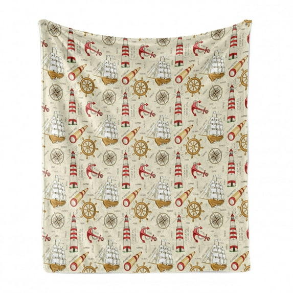 Nautical Soft Flannel Fleece Blanket, Marine Elements Nostalgic Properties Wind Fall Under Trip Around the World Concept, Cozy Plush for Indoor and Outdoor Use, 70" x 90", Beige Red, by Ambesonne