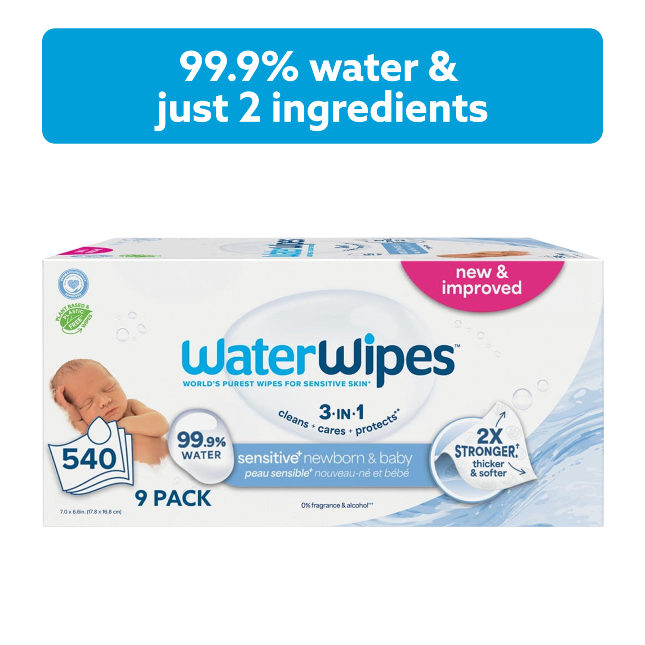 WaterWipes Sensitive Newborn & Baby Wipes, 99.9% Water, Unscented & Hypoallergenic, 540 Wipes