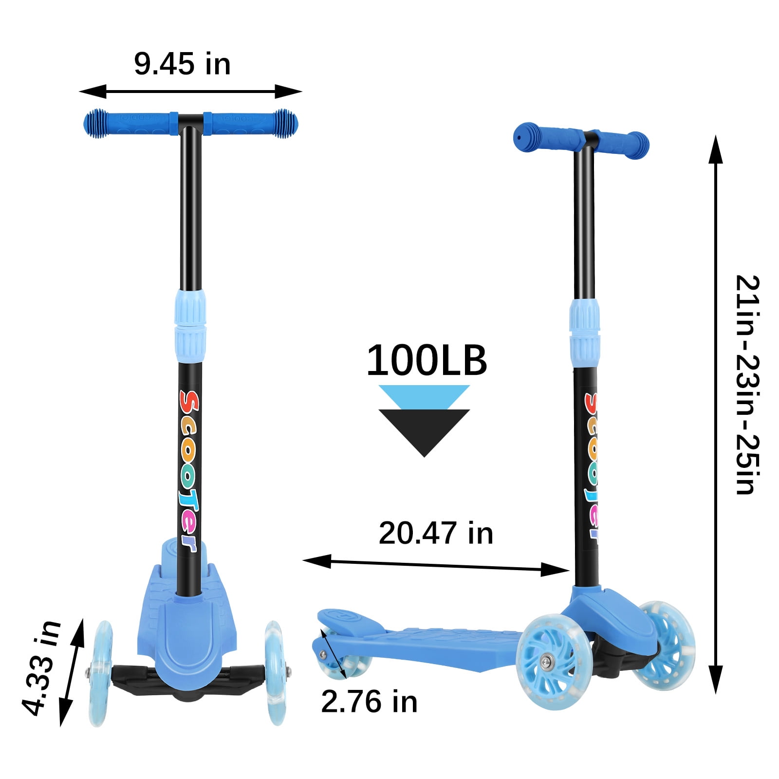 Kids Kick Scooter with Adjustable Height and Light Up Wheels, Light Blue