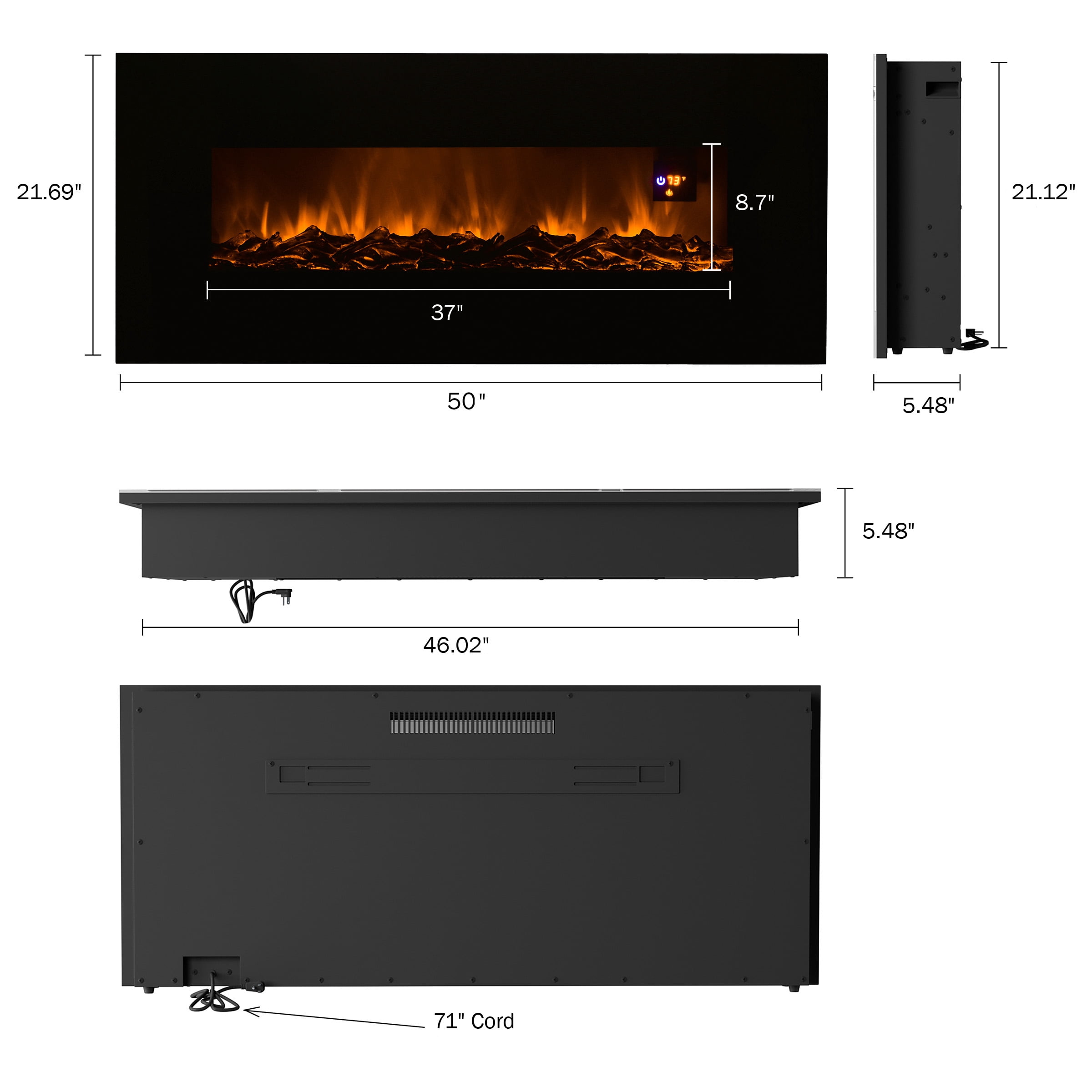 Somerset Home 50″ Electric Fireplace, Wall Mount (Black) Sansujyuku sansujyuku.com