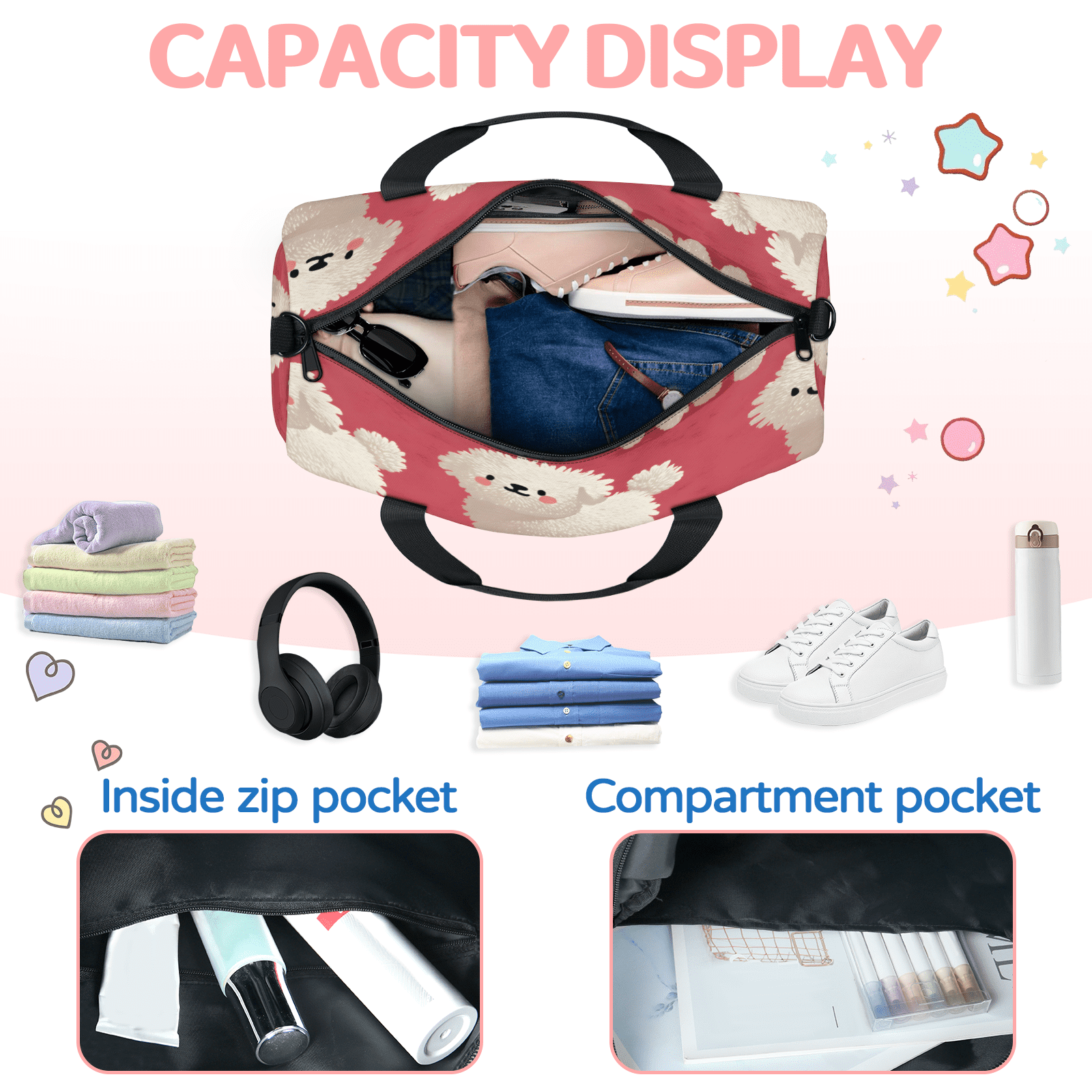 Herdesigns Cute Dog Gym Bag for Women, Duffle Bag for Travel Sport, White Puppy Lightweight Waterproof Carry on Weekender Dance Yoga Workout Bags