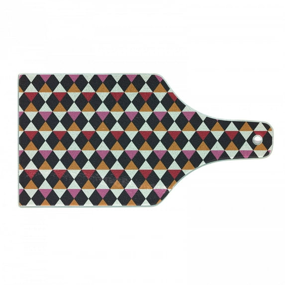 Geometric Cutting Board, Rhombus Shapes with Vintage Inspired Palette Ornamental and Geometric Elements, Tempered Glass Cutting and Serving Board, Wine Bottle Shape, Multicolor, by Ambesonne