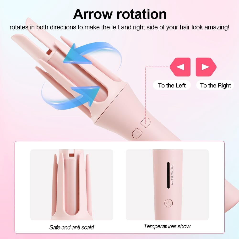 Inch Automatic Rotating Curling Iron with 4 Temperature Settings, Dual Voltage & Fast Heating, Perfect Hair Curler Wand for Women with Long, Medium or Short Hair (Pink)