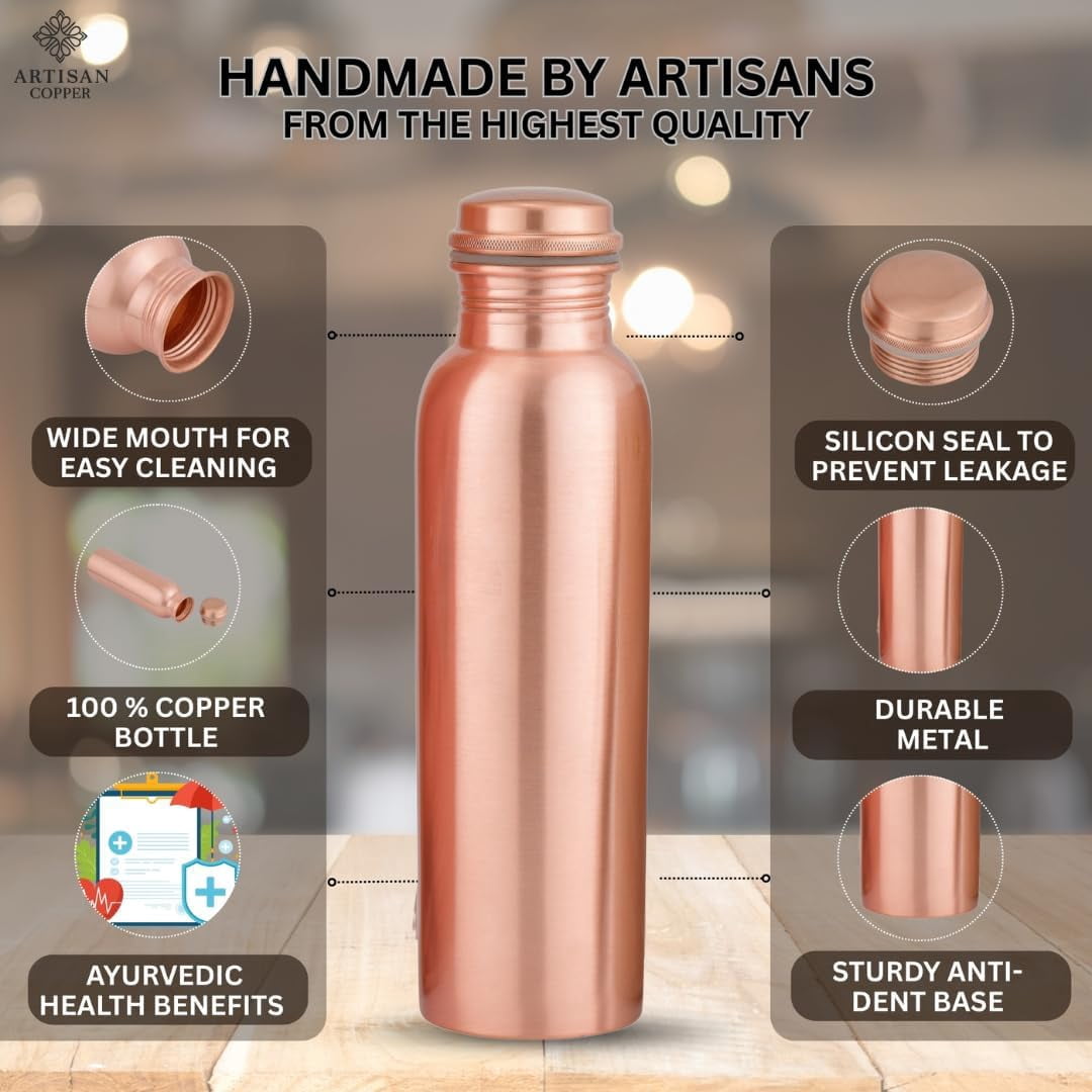 Artisan Copper Ayurvedic Copper Water Bottle 32oz Handcrafted Hammered Botte for Driking with Tumbler and Wooden Brush Leak Proof and Reusable Water Vessel