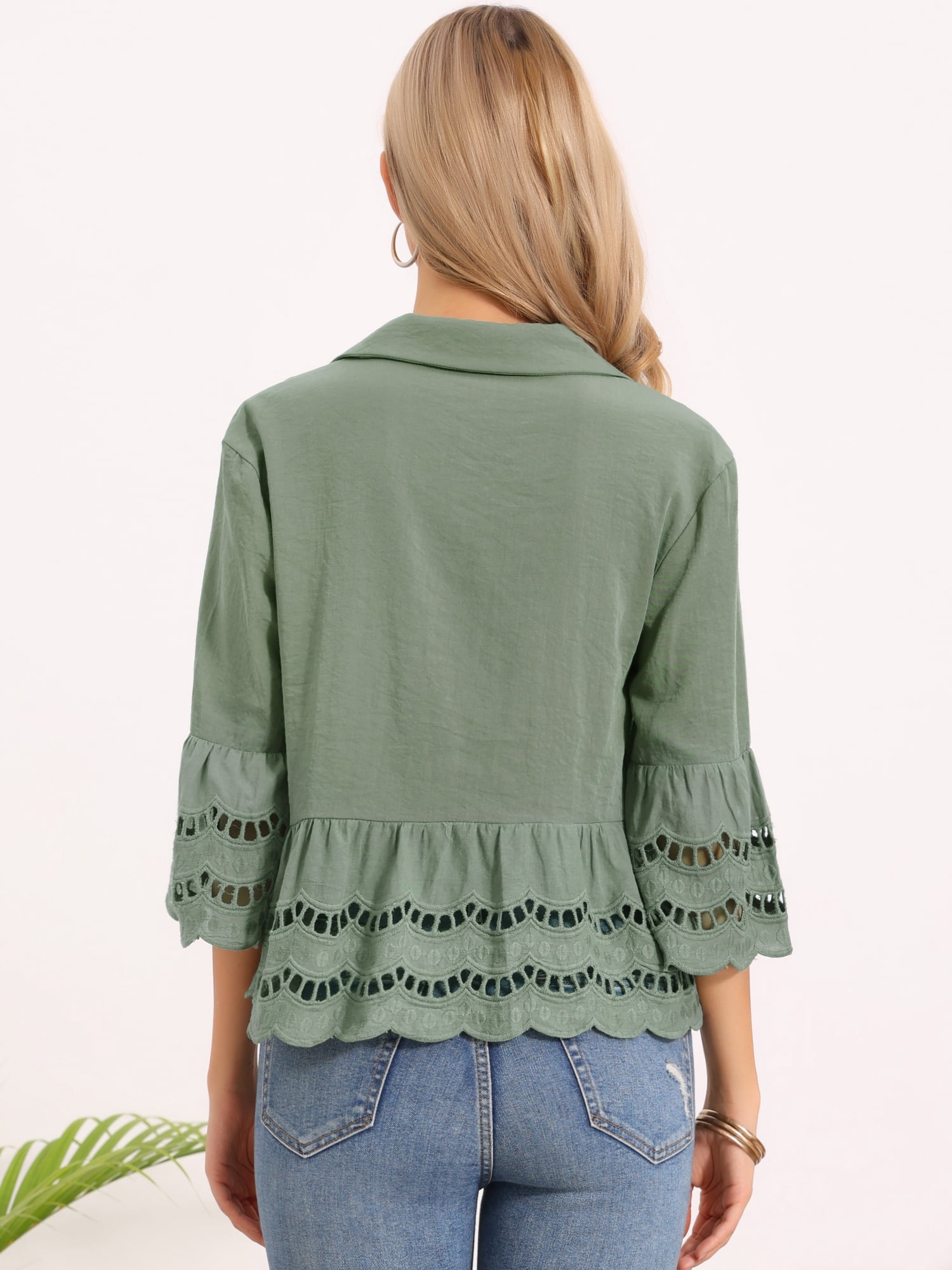 DARING DIVA Women's 3/4 Bell Sleeve Tops Ruffle Hem Button Down Eyelet Blouse L Green