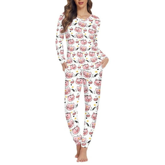 FOR U DESIGNS Heart Pig Pajama Sets for Women 2 Piece Long Sleeve and Pants with Pockets Size XS Sleepwear Long Crew Neck Tops for Women Nightwear Jogger Lounge