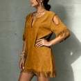thumbnail image 4 of Karymi Summer Dresses for Women 2026 Boho Beach Vacation Tassel Mini Dress, Notch V Neck Cold Shoulder Cutout Short Sleeve Loose Shift Cover Up Dress Cocktail Dresses for Women, 4 of 9