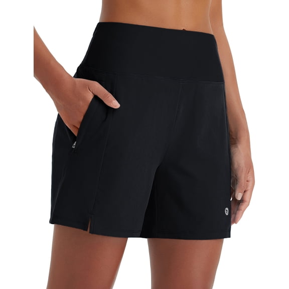BALEAF Women's Swim Shorts High Waisted Quick Dry 5'' Modest Swimsuits Bottoms Tummy Control Boxer Liner Board Shorts with Zipper Pockets Black L