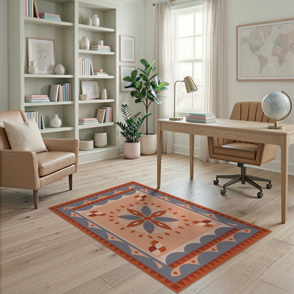 ODIKA 4'x6' Terracotta Sunset Geometric Washable Area Rug Artistic Floral Motif With Bold Borders And Modern Non-Slip, Chair-Friendly, Flatwoven for Home Office, Under Desk